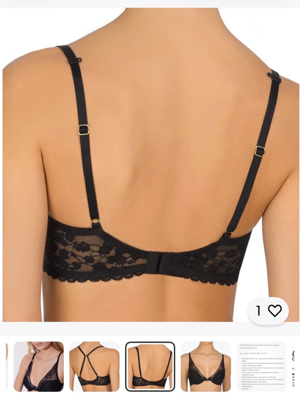 Natori 721191 Black Cherry Blossom Lace Underwire convertible Bra 32G (DDDD) - Picture 2 of 7